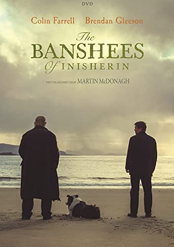 DVD cover for "The Banshees of Inisherin" featuring two men and a dog.