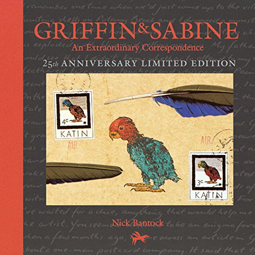 Book cover featuring a bird, stamps, and a feather on a tan background.