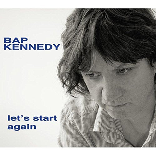 Black and white vinyl album cover with a man and blue text.