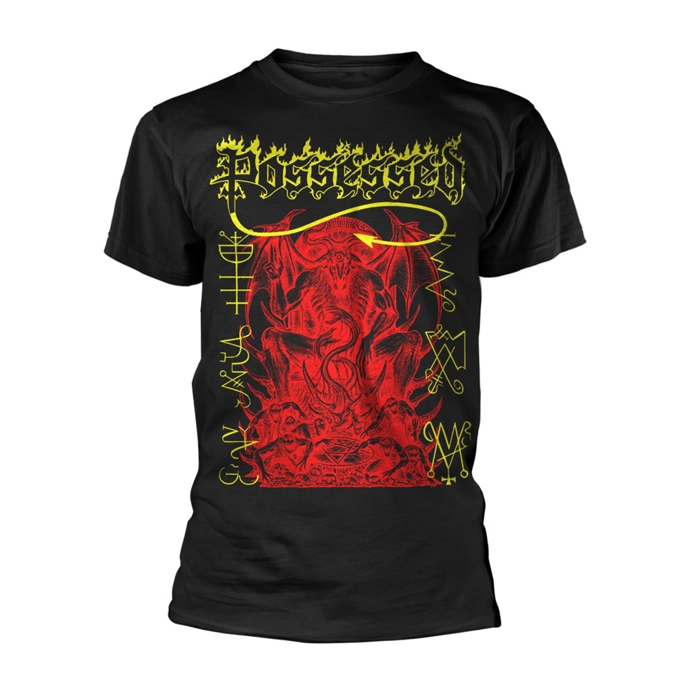 Black t-shirt with a large, detailed red and yellow Baphomet graphic on the back.
