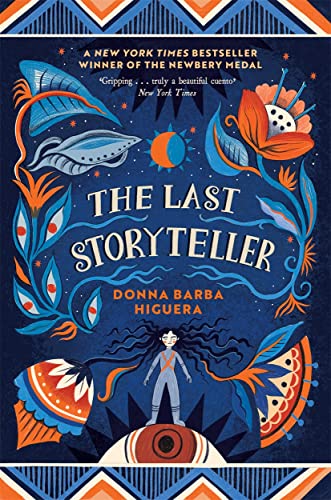 Book cover for The Last Storyteller featuring a girl surrounded by stylized floral patterns.