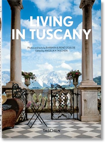 Book cover: “Living in Tuscany” with a Tuscan villa view.