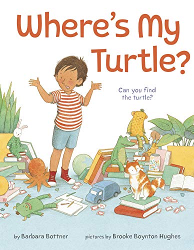 Book cover: a boy searches for a turtle amidst scattered toys.