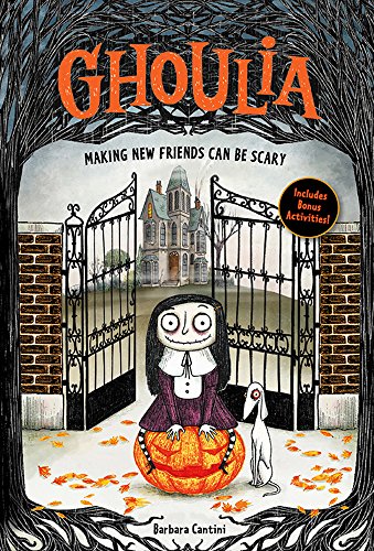 Book cover illustration featuring a pale girl sitting on a pumpkin with her dog.