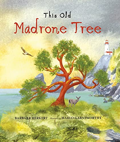Illustration of a large, red-barked Madrone tree by the sea with wildlife.
