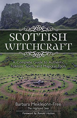 Book cover: “Scottish Witchcraft” with a landscape and stone circle image.