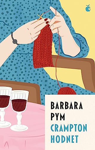 Illustration of a person knitting red yarn with two glasses of wine on a table.
