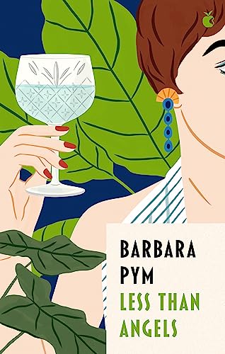 Book cover: woman with wine glass, tropical leaves, text "Less Than Angels".
