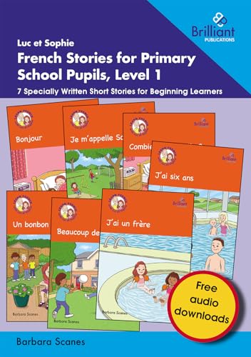 Book cover showing seven illustrated French storybook covers with a free audio download badge.