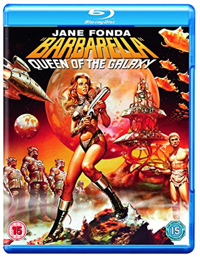 Blu-ray cover art for Barbarella featuring Jane Fonda in a space setting with robots.