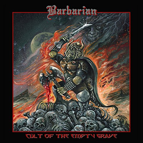 Barbarian album cover: armored warrior standing on a pile of skulls.