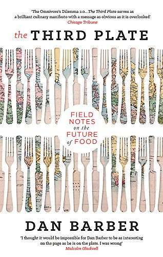 Book cover with repeating silver cutlery patterned with colorful maps.