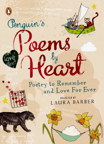 Book cover: "Penguin's Poems by Heart" with illustrated animals and flowers.