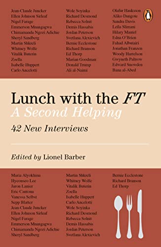 Book cover: "Lunch with the FT: A Second Helping" with cutlery illustration.