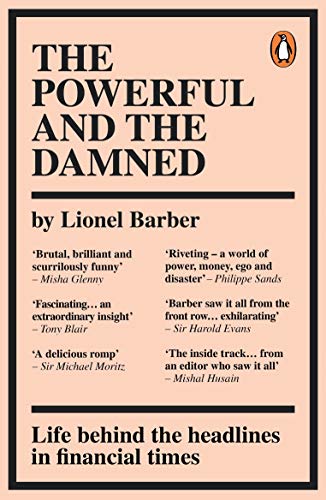 Book cover: "The Powerful and the Damned" by Lionel Barber, peach background.