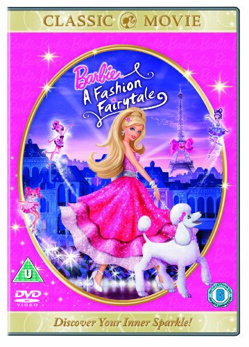 DVD cover for "Barbie: A Fashion Fairytale" featuring Barbie in a pink dress with a poodle.