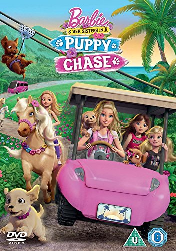 Barbie and her sisters riding in a pink golf cart with puppies and ponies.