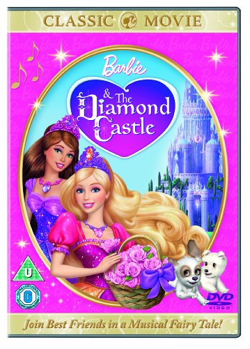 Barbie & The Diamond Castle" DVD cover featuring Barbie, a castle, and friends.