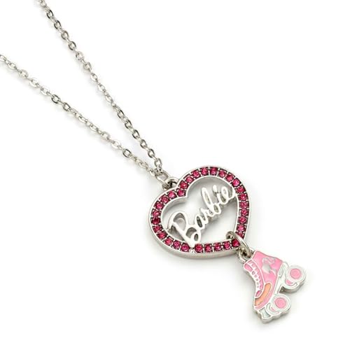 Silver Barbie heart pendant necklace with pink crystals and a pink roller skate charm.