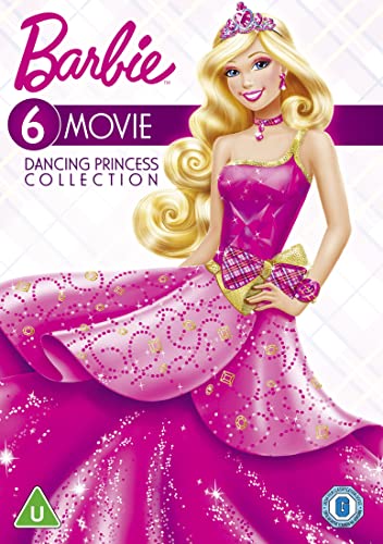 Barbie in a pink gown on the cover of a 6-movie DVD collection.