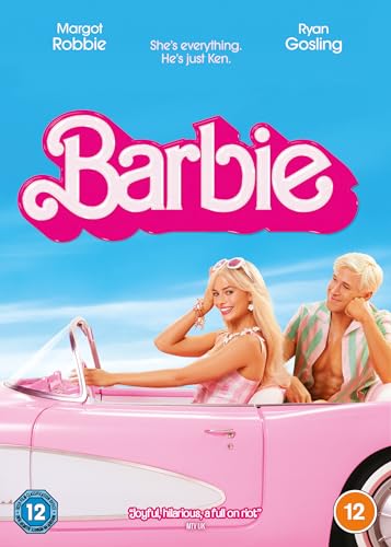 Barbie DVD cover featuring Margot Robbie and Ryan Gosling in pink.