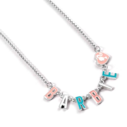 Silver chain necklace with colorful enamel "Barbie" letter charms and heart.