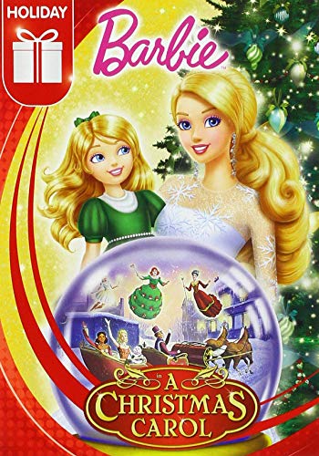 Barbie and a young girl stand behind a Christmas snow globe on a DVD cover.
