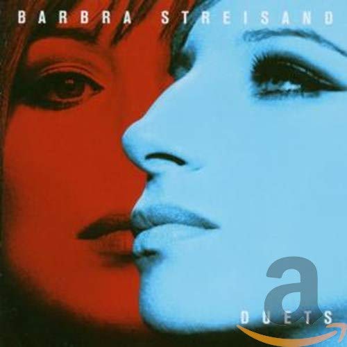 Close-up of Barbra Streisand's face split into red and blue color tones.