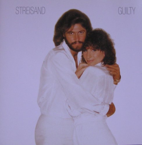 Barbra Streisand and Barry Gibb embracing on the Guilty album cover.