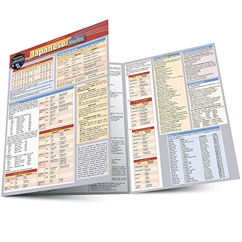 Folded, laminated reference guide displaying charts of Japanese verb conjugations.