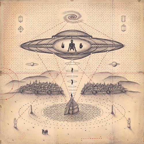 Intricate illustration of a UFO over a city and desert landscape.