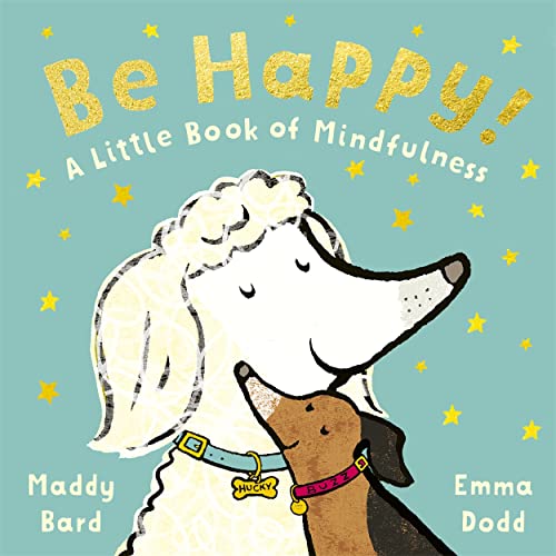 Book cover with illustrated white dog looking at a brown puppy.