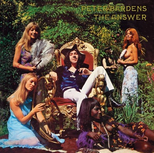 "Album cover featuring a man in a throne surrounded by four women in lush greenery."