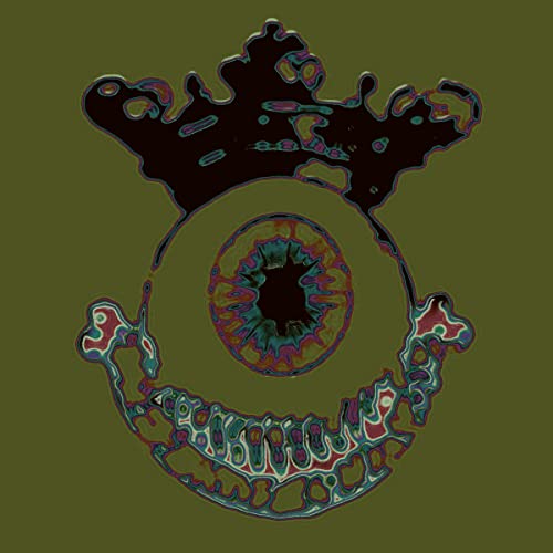 Abstract eye-shaped design with colorful, swirling patterns on olive green.