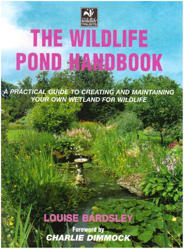 Book cover: "The Wildlife Pond Handbook" with a lush garden pond scene.