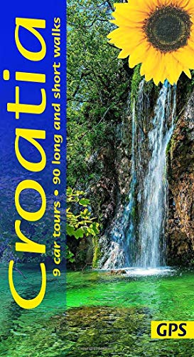 Croatia travel guide cover with waterfall, sunflower, and text.