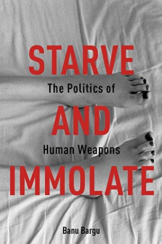 Book cover with red text and a grayscale image of feet and fabric.