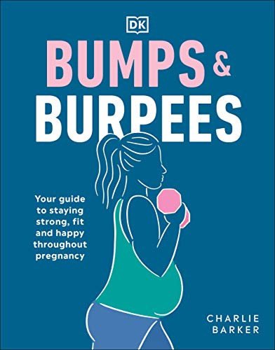 Book cover: “Bumps & Burpees” with illustration of a pregnant woman exercising.