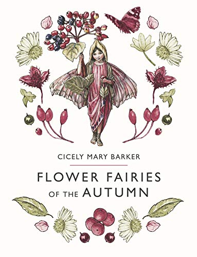A fairy in pink clothing surrounded by autumn berries and flowers on a white background.