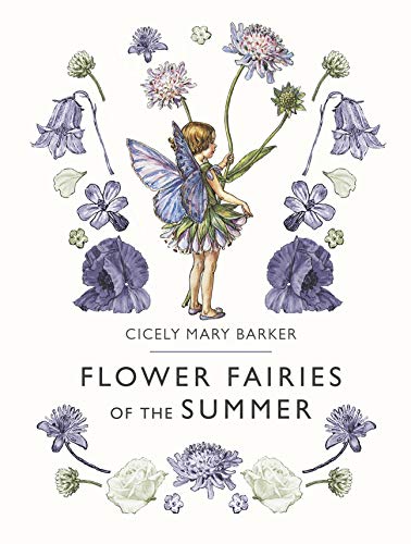 Fairy with blue wings amidst watercolor illustrations of summer flowers.