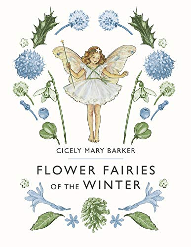 Illustration of a fairy surrounded by winter flowers on a white book cover.