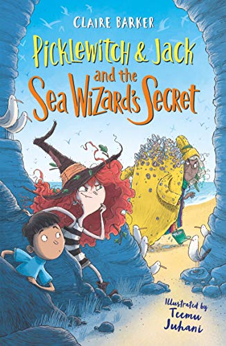 Book cover: witch, boy, and large, yellow sea wizard on a beach.