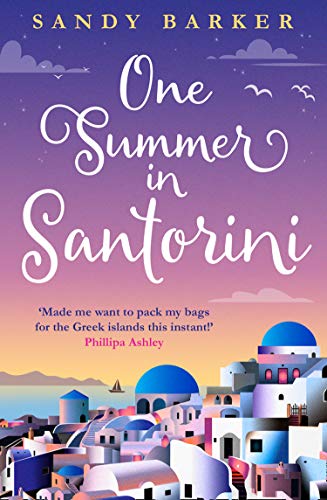 Book cover: “One Summer in Santorini” with whitewashed buildings and blue sky.
