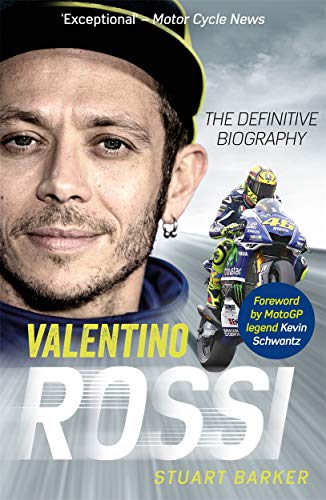 Valentino Rossi biography book cover featuring a portrait and racing image.