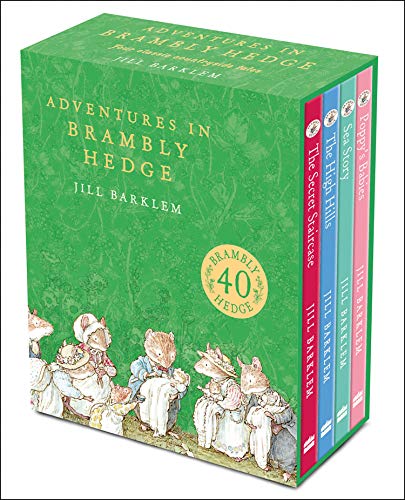 Green box set of four illustrated Brambly Hedge storybooks featuring mice.