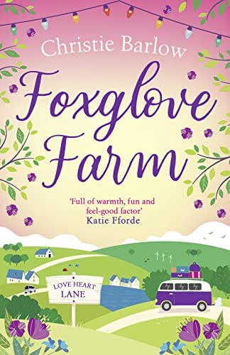 Book cover: “Foxglove Farm” with a purple-toned rural landscape illustration.