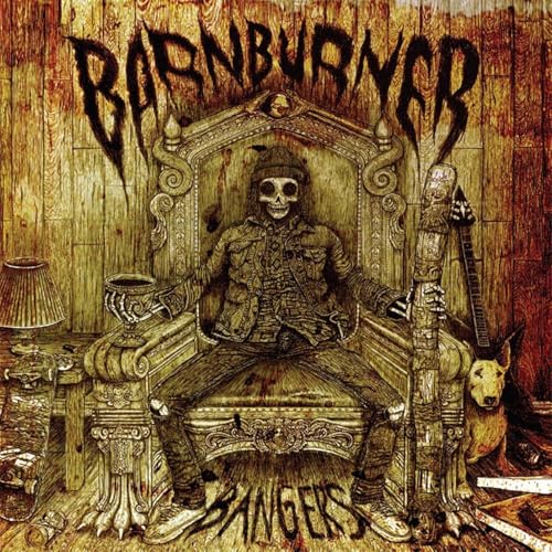 Skeleton in suit sits on ornate throne with a dog and guitar.