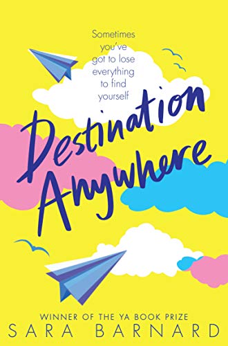 Book cover: yellow background, blue and pink shapes, paper airplanes, title “Destination Anywhere”.