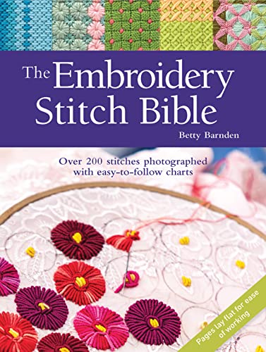 Book cover titled The Embroidery Stitch Bible featuring colorful embroidery samples and flower patterns.