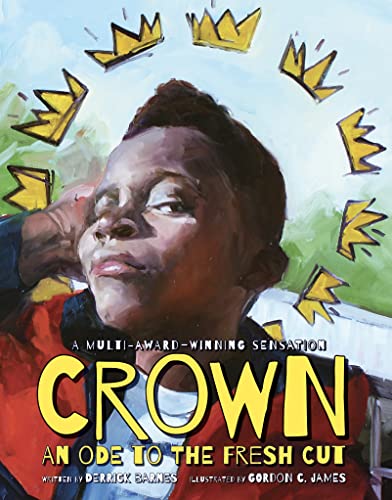 Boy looking up with floating golden crowns on a colorful background.